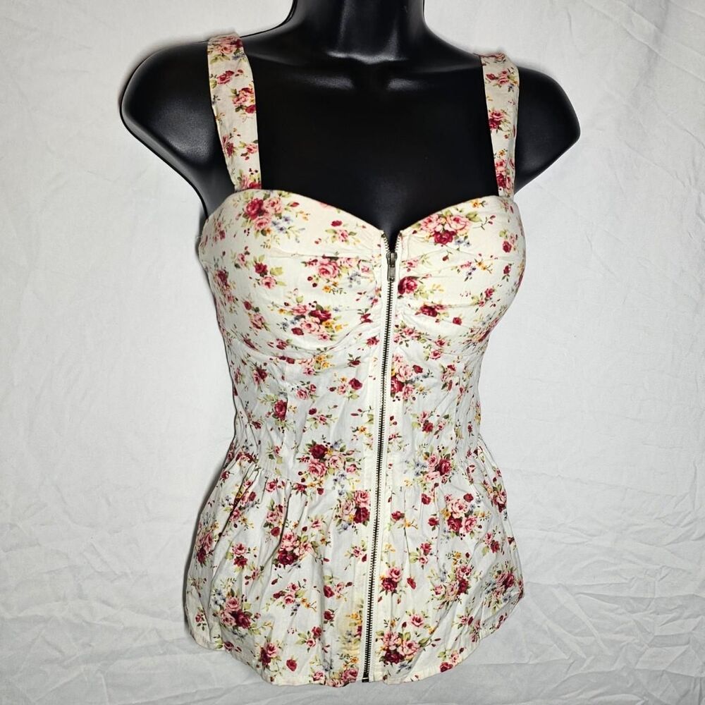 cream floral zip front boho whimsical peplum 2000s top